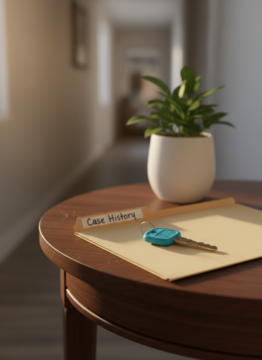 A single house key with a bright blue rubber cover rests on a smooth, dark wooden entryway table, beside a neatly folded, slightly frayed manila folder labeled “Case History” in black marker. Behind them, a small potted plant with fresh green leaves sits in a matte white ceramic pot, symbolizing new beginnings. Warm golden-hour sunlight streams through an unseen window, highlighting faint scratches in the wood and creating a gentle halo around the key. Shot in photographic realism from a slightly elevated angle with a shallow depth of field, the key and folder are in crisp focus while the hallway beyond fades into a soft blur, evoking a quiet, hopeful transition from the system toward independence and strength.